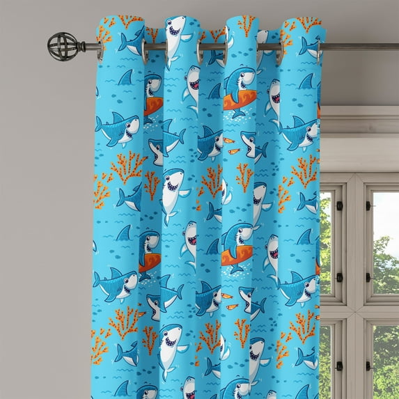 Ambesonne Shark Grommet Curtain Single Panel, Underwater Funny World, 50"x60", Blue White Orange