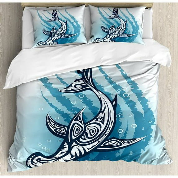 Ambesonne Shark Hammerhead Fish with Ornamental Ethnic Effects Swimming Ocean Image Duvet Cover Set