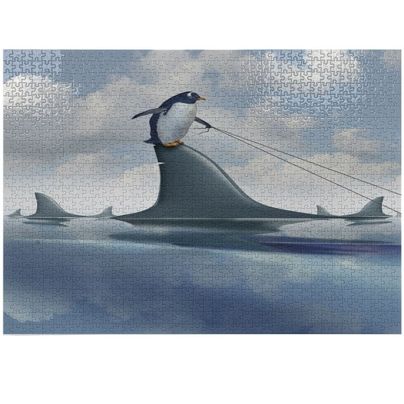 Ambesonne Shark Jigsaw Puzzle, Penguin Holding Wild Fish, Heirloom-Quality Fun Activity for Family Durable Cardboard, 1000 pcs, Blue Grey Dust