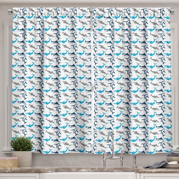 Ambesonne Shark Kitchen Curtains, Dangerous Deep Seas, 55"x45", Blue Navy Blue Grey