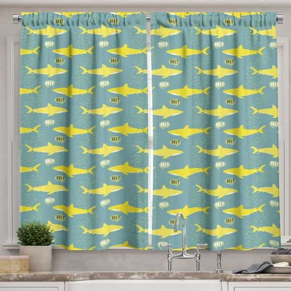 Ambesonne Shark Kitchen Curtains, Friendly Yellow Fishes, 55"x45", Sea Green Yellow