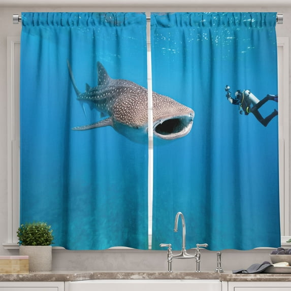Ambesonne Shark Kitchen Curtains, Giant Fish Ocean Diving, 55"x39", Violet Blue Pale Grey