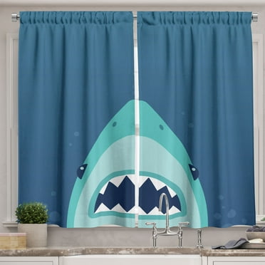 Ambesonne Shark Kitchen Curtains, Wild Fish with Jaws Artwork, 55"x24", Dark Turquoise Pale Blue