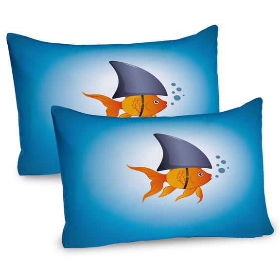 Ambesonne Shark Pillow Sham 2 Pack, Little Fish Wearing Fin, 30"x20", Violet Blue Grey Orange