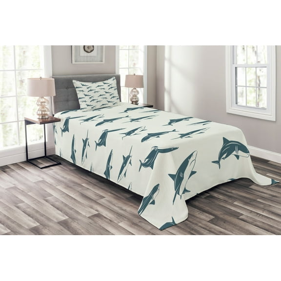 Ambesonne Shark Quilted Bedspread Set 2 Pcs, Dangerous Underwater, Twin Size, Slate Blue and Eggshell