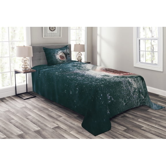 Ambesonne Shark Quilted Bedspread Set 2 Pcs, Scary Open Mouth Teeth, Twin Size, Petrol Blue Grey White