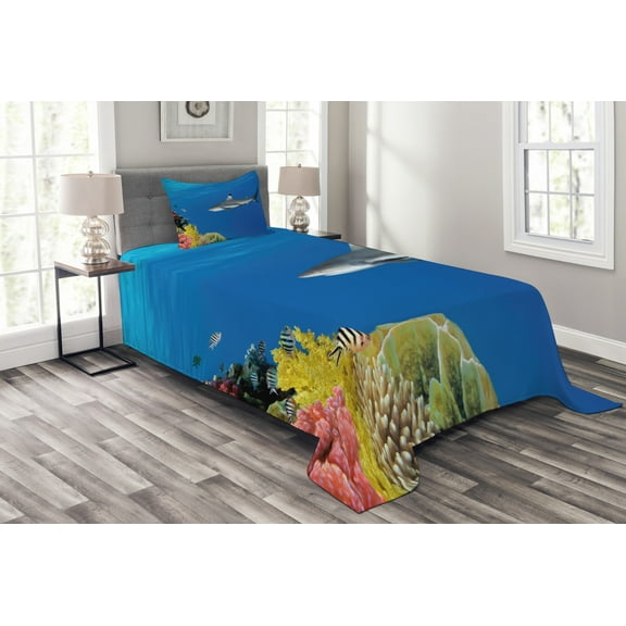 Ambesonne Shark Quilted Bedspread Set 2 Pcs, Tropic Underwater World, Twin Size, Multicolor