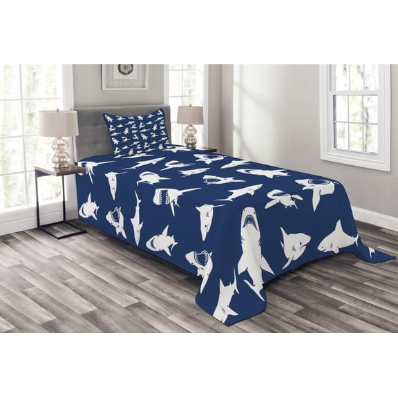 Ambesonne Shark Quilted Bedspread Set 2 Pcs, Various Gestures Humorous, Twin Size, Violet Blue White