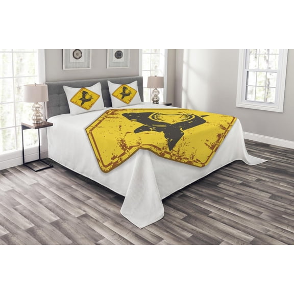 Ambesonne Shark Quilted Bedspread Set 3 Pcs, Caution Sgn Sharp Teeth, King Size, Earth Yellow Grey