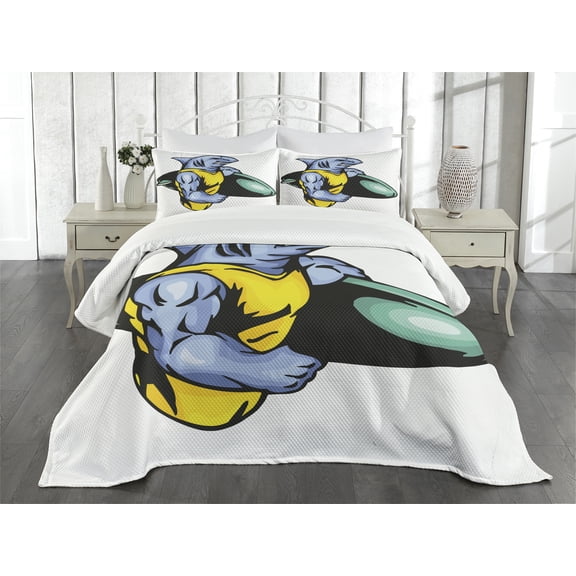 Ambesonne Shark Quilted Bedspread Set 3 Pcs, Grumpy Surfer Muscle Body, King Size, Jade Green Pale Blue