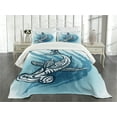 thumbnail image 1 of Ambesonne Shark Quilted Bedspread Set 3 Pcs, Hammerhead Fish Ornate, Queen Size, Dark Petrol Blue White, 1 of 5