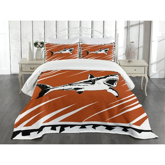 Ambesonne Shark Quilted Bedspread Set 3 Pcs, Killer Ocean Creature, Queen Size, Black White Burnt Sienna