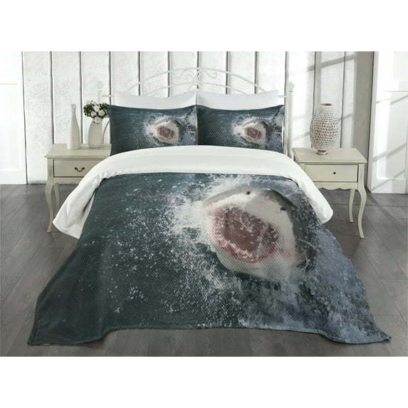 Ambesonne Shark Quilted Bedspread Set 3 Pcs, Scary Open Mouth Teeth, King Size, Petrol Blue Grey White