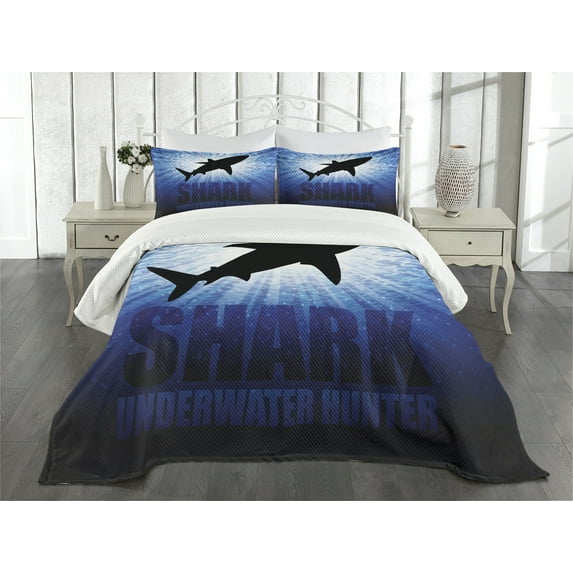 Ambesonne Shark Quilted Bedspread Set 3 Pcs, Underwater Hunter Danger, Queen Size, Royal Blue Black