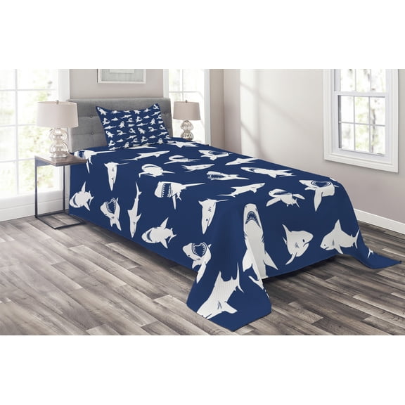 Ambesonne Shark Quilted Coverlet 2 Pcs, Various Gestures Humorous, Twin Size, Violet Blue White