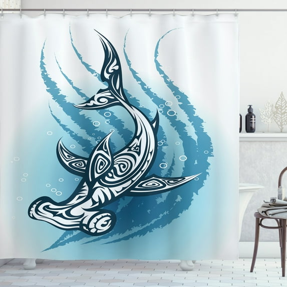 Ambesonne Shark Shower Curtain, Hammerhead Fish Ornate, 69"Wx84"L, Dark Petrol Blue White