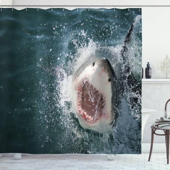 Ambesonne Shark Shower Curtain, Scary Open Mouth Teeth, 69"Wx70"L, Petrol Blue Grey White