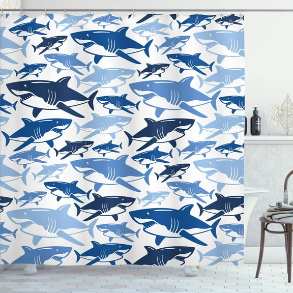 Ambesonne Shark Shower Curtain, Underwater Fish Art Pattern, 69"Wx75"L, Navy Blue
