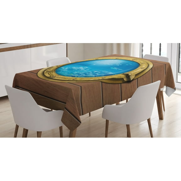 Ambesonne Shark Tablecloth Rectangular Table Cover, Submarine Chamber Window, 60"x84", Pale Caramel Blue Yellow