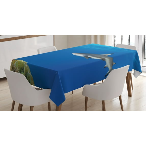 Ambesonne Shark Tablecloth Rectangular Table Cover, Tropic Underwater World, 60"x90", Multicolor