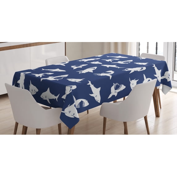 Ambesonne Shark Tablecloth Rectangular Table Cover, Various Gestures Humorous, 60"x90", Violet Blue White