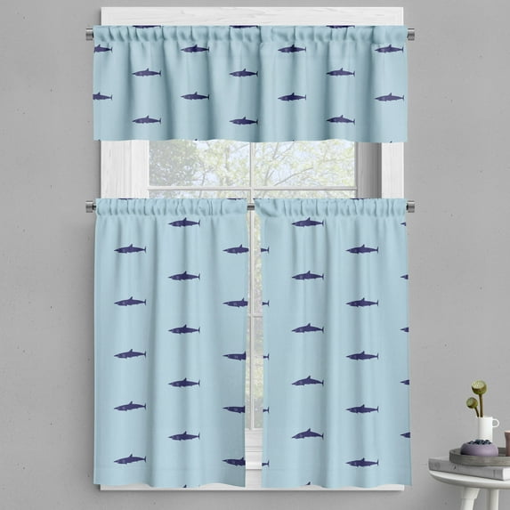 Ambesonne Shark Valance & Curtain, Ocean Life in Blue Shades, 55"x45", Navy Blue Pale Blue
