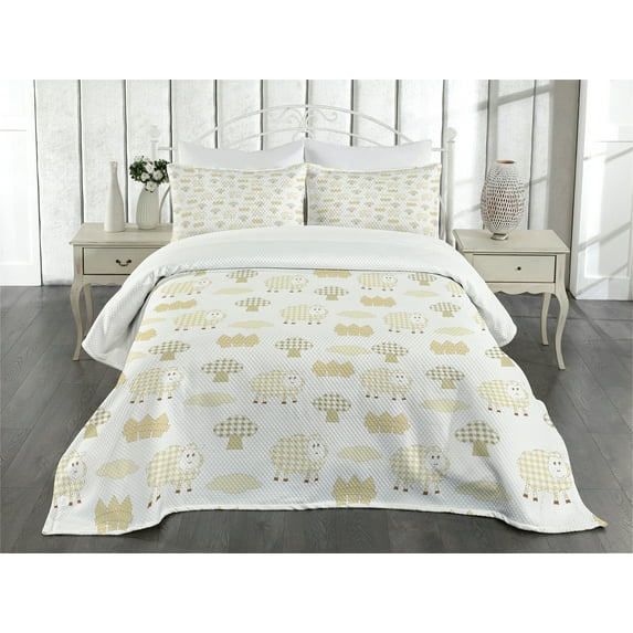 Ambesonne Sheep Quilted Bedspread Set 3 Pcs, Farm Sheeps Trees Fences, King Size, White Khaki Ivory