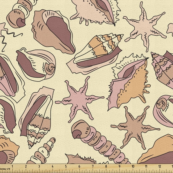 Ambesonne Shell Fabric by the Yard Upholstery, Pastel Coastal Pattern, 5 Yards, Multicolor