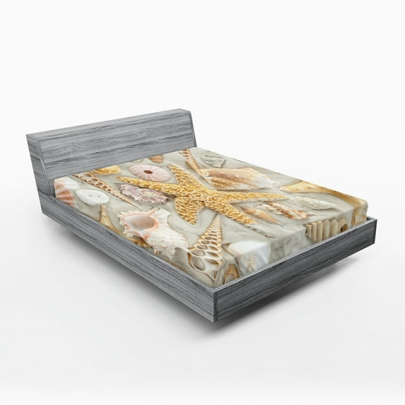 Ambesonne Shell Fitted Sheet 2 Pcs Set, Assorted Seashells Sand Beach, Full, Multicolor