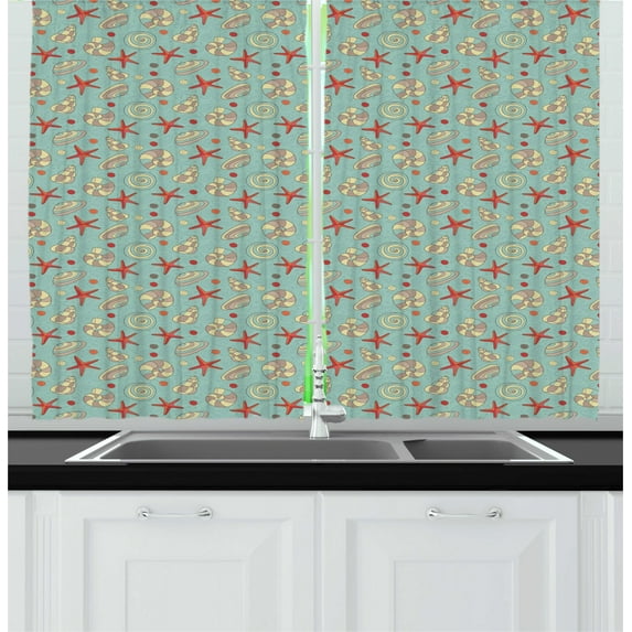 Ambesonne Shell Kitchen Curtains, Nautical Cartoonish, 55"x39", Multicolor