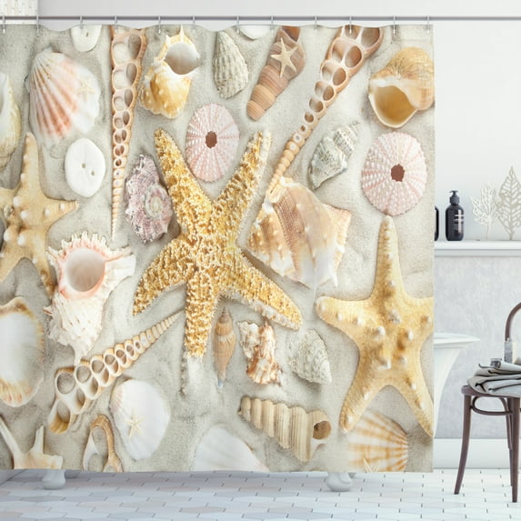 Ambesonne Shell Shower Curtain, Assorted Seashells Sand Beach, 69"Wx84"L, Multicolor