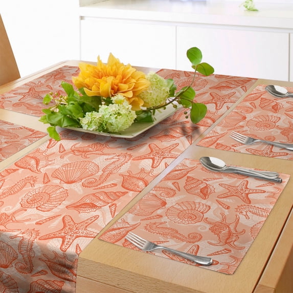 Ambesonne Shells Table Runner & Placemats, Scallops and Lace Murex, Placemat 4 pcs + Runner 16"x90", Burnt Sienna Pale Orange