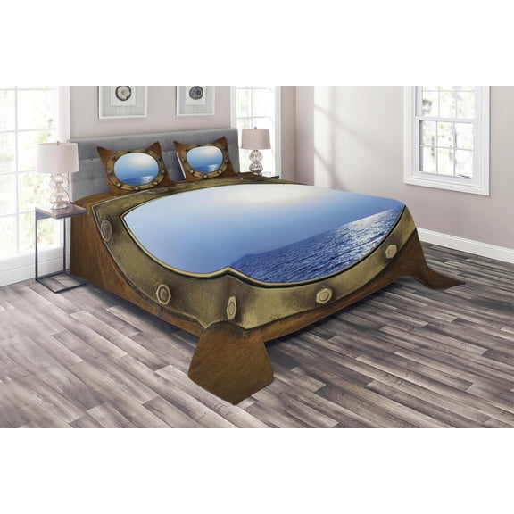 Ambesonne Ship Quilted Coverlet 3 Pcs, Port Ship Window Theme, Queen Size, Brown Blue Earth Yellow