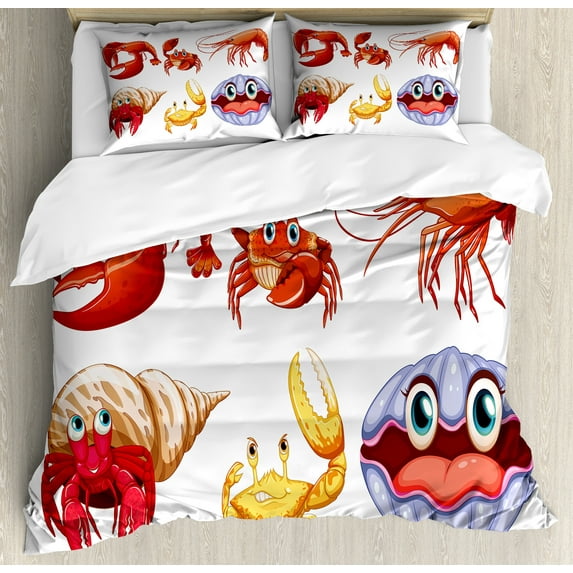 Ambesonne Shrimp Duvet Cover Set, Crab Hermit Crab Lobster, 2-Calking, Orange Yellow
