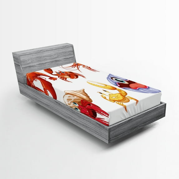 Ambesonne Shrimp Fitted Sheet, Crab Hermit Crab Lobster, Twin XL Size, Orange Yellow