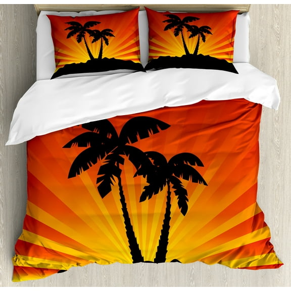 Ambesonne Silhouette Duvet Cover Set, Sunrays Palm Trees Shade, Calking, Charcoal Grey Vermilion