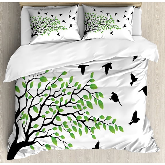 Ambesonne Silhouette Duvet Cover Sets, Flying Spring Peace Art, 2-Queen, White Black Green