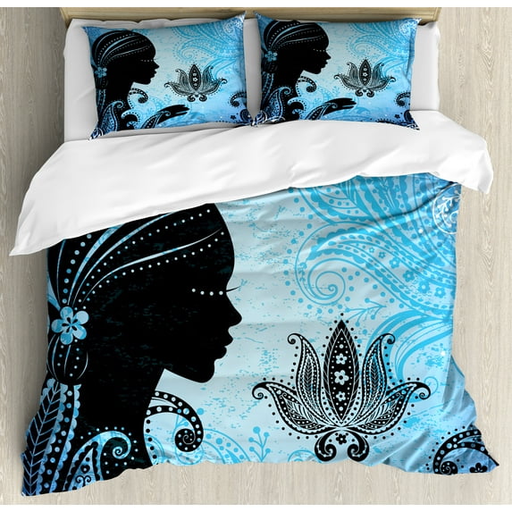 Ambesonne Silhouette Duvet Cover Sets, Girl Lotus Art, 2-Queen, Grey Sky Blue