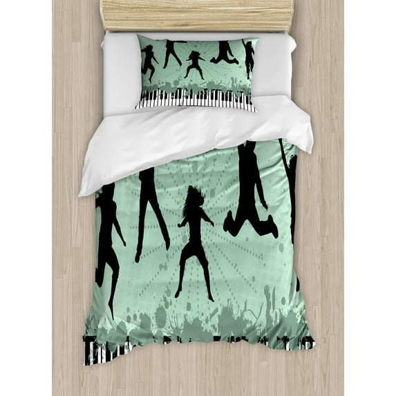 Ambesonne Silhouette Duvet Cover Sets, Jumping People Piano, 2-Twin, Grey Almond Green