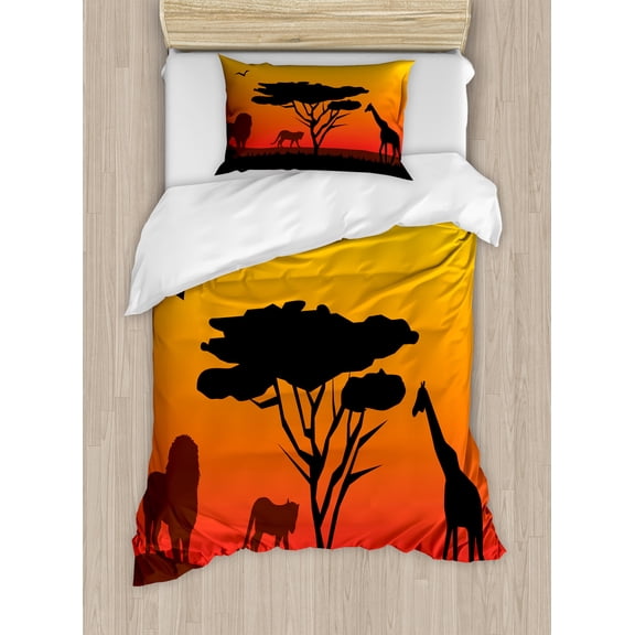 Ambesonne Silhouette Duvet Cover Sets, Savannah Animals Sunset, 2-Twin, Orange Brown