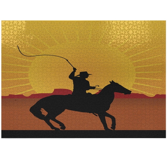 Ambesonne Silhouette Jigsaw Puzzle Durable Cardboard, Cowboy on Horse Shade, 1000 pcs, Earth Yellow Multicolor