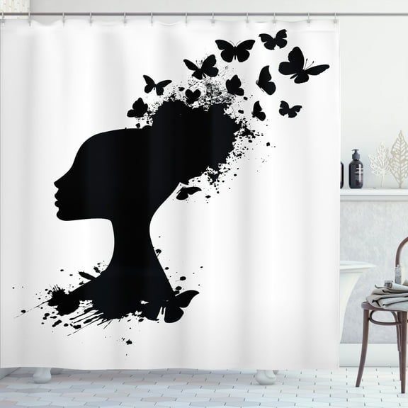 Ambesonne Silhouette Shower Curtain, Butterflies Woman Head, 69"Wx75"L, Charcoal Grey and White