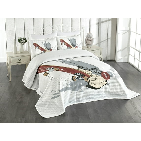 Ambesonne Skateboarder Quilted Bedspread Set 3 Pcs, Skate and Sneakers Art, Queen Size, Brown and Cream