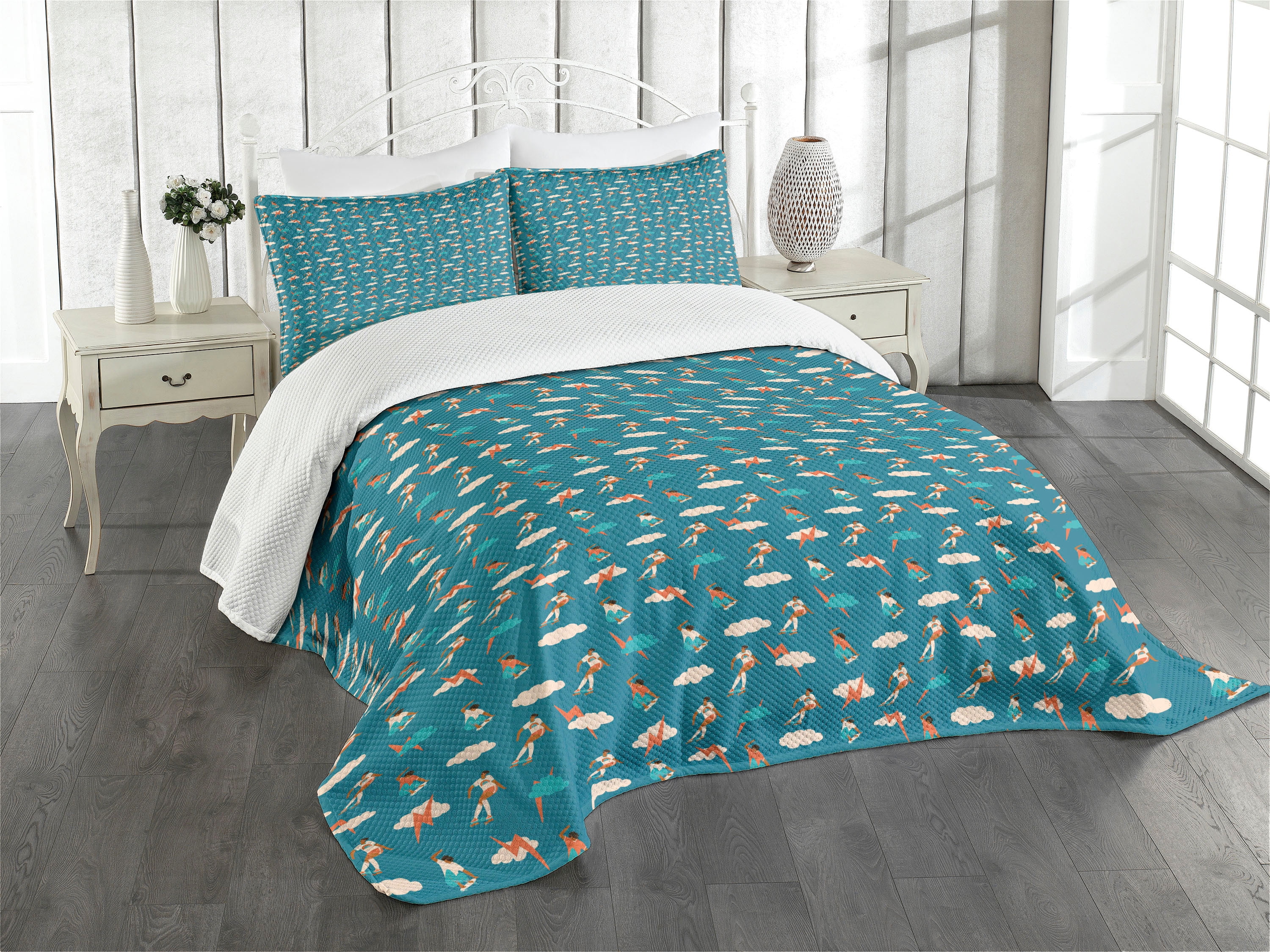 Petrol Blue Quilted Skateboarding Queen Bedspread Set with Shams