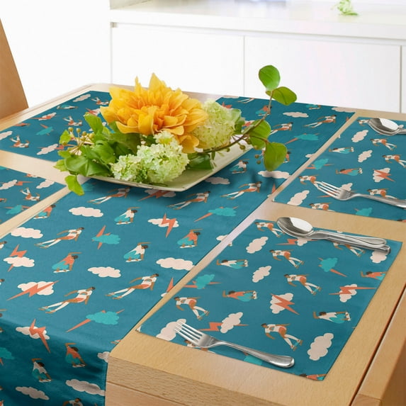 Ambesonne Skateboarding Table Runner & Placemats, Boy Making Moves, Placemat 4 pcs + Runner 12"x90", Petrol Blue Multicolor