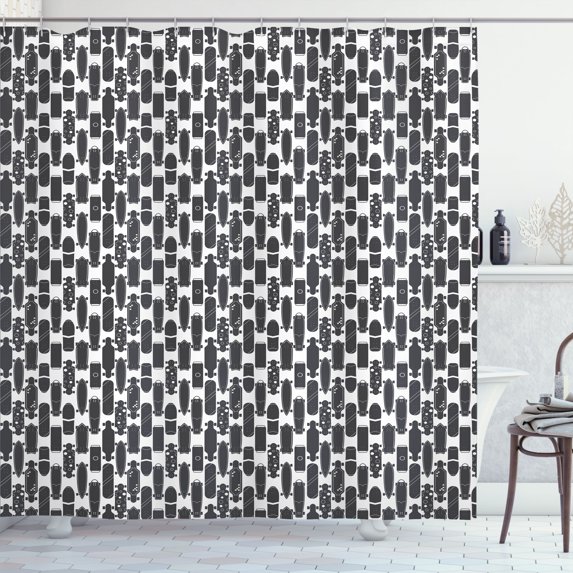 Ambesonne Skater Shower Curtain, Modern Skateboarding Pattern, 69"Wx84"L, Charcoal Grey and White