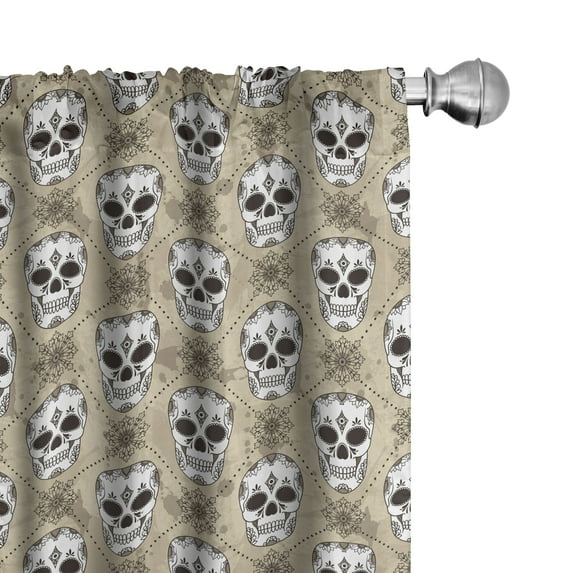 Ambesonne Skeleton Window Curtains, Grunge Sugar Skulls, Each 28" W x 63" L, Beige Dark Taupe Grey