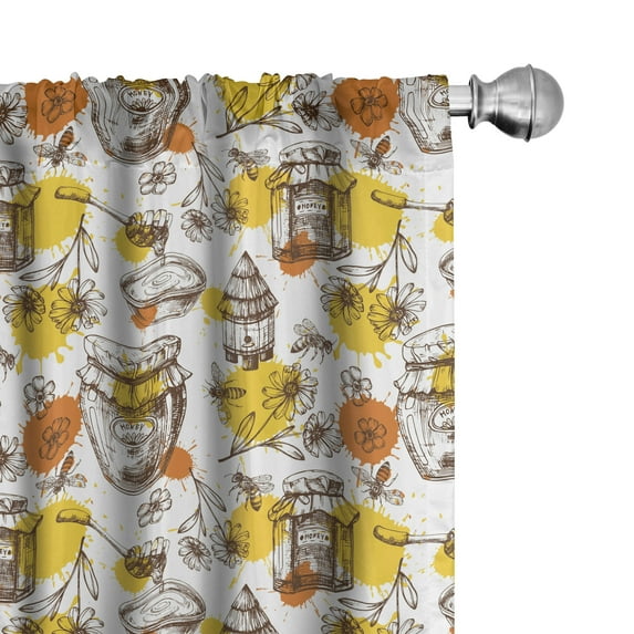 Ambesonne Sketch 4-Panel Curtains, Honey Jars Drops and Bees, 56"x95", White Mustard Ginger