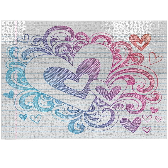 Ambesonne Sketch Art Jigsaw Puzzle Durable Cardboard, Doodle Hearts and Curls, 1000 pcs, Multicolor