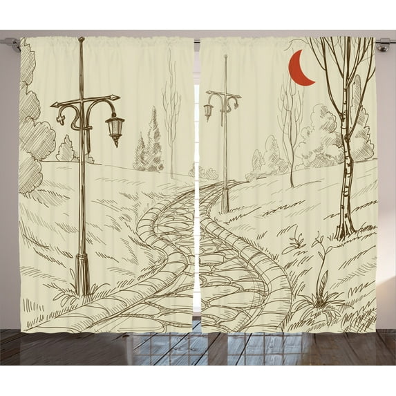 Ambesonne Sketch Curtains 2 Panel Set, Park Alley Night Time Area, 108" x 84", Beige and Red